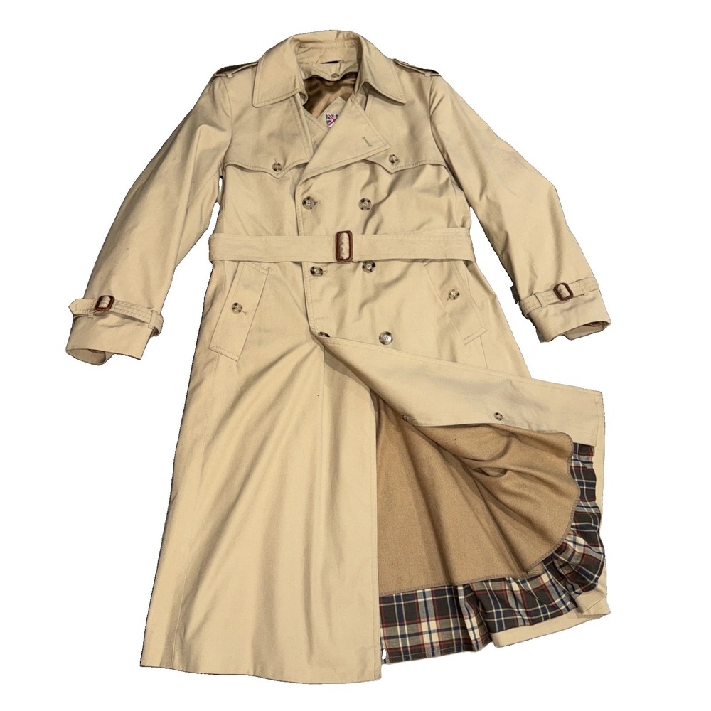 Vintage Mackintosh Weatherfair Tan Trench Coat Overcoat 40R Wool Liner Tartan